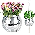 FGBNM Disco Ball Planter, 1pcs 9” Silver Disco Ball Planter, Disco Ball Plant Hanger with Hanging Rope, Hanging Chain, Hook, Circle and Extra Mirror Pieces(9" Silver, 1pcs)
