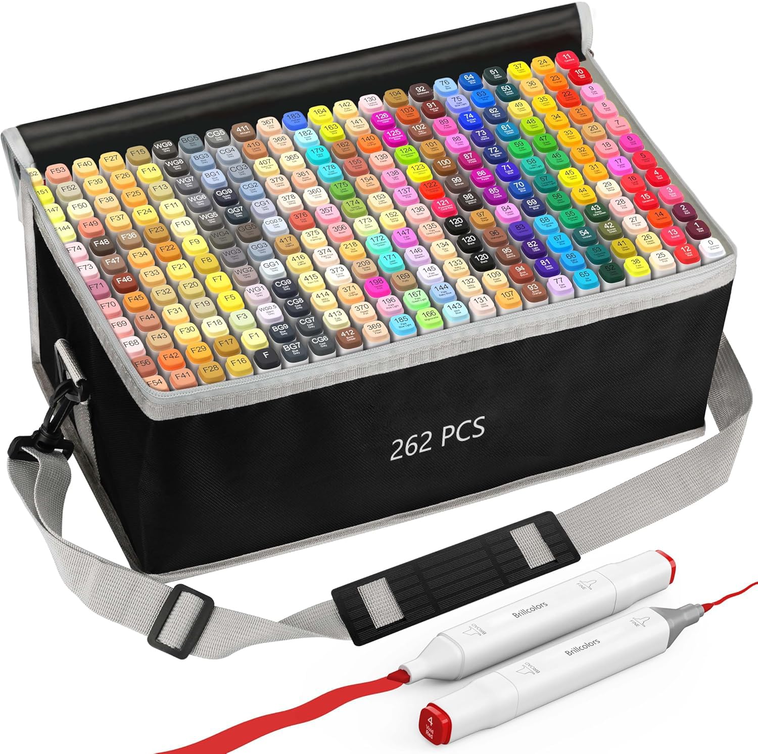 Brillcolors 262 Colors Alcohol Markers Set with Base Dual Tip Drawing Markers for Comics Coloring Sketching Illustration (262 White) -Refillable Image