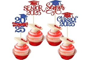 Gyufise 24Pcs 2025 Senior Graduation Cupcake Toppers with Glitter Senior Class of 2025 Cupcake Picks Senior 2025 Cupcake Decorations for Graduation Theme Party Supplies Blue Red