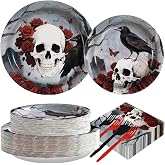 200Pcs Halloween Gothic Skull Rose Party Supplies for Kids Spooky Serves 50 | Skull Rose Floral Crow Plates and Napkins Goth Butterfly Tableware for Boys Girls Skeleton Holiday Birthday Party Decorations