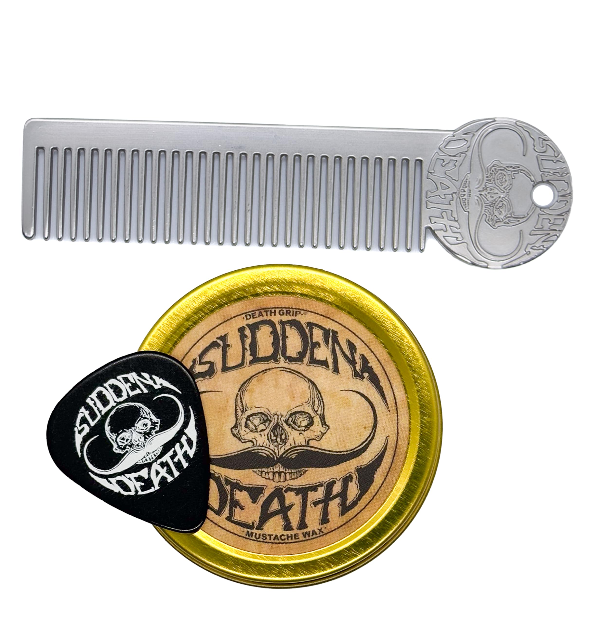 Moustache Wax | Strong Hold Sudden Death 1 oz Tin & Platinum Death Grip Mustache & Beard Comb Mens Combo Kit | Grooming For Men Handlebar English Chevron Dali Moustache & Beard Wax Tin
