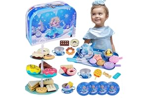 TOYTOPUS 68Pcs Tea Party Set for Little Girls - Frozen Toys for Girls - Elsa Princess Kids Kitchen Pretend Toy with Tin Tea Set, Desserts & Carrying Case - Birthday Gift for Age 3 4 5 6 7 8 Year Olds Niña