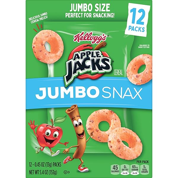 KELLOGG’S APPLE JACKS JUMBO SNAX CEREAL SNACKS, LUNCH BOX SNACKS, ORIGINAL, 5.4OZ BOX (12 POUCHES)