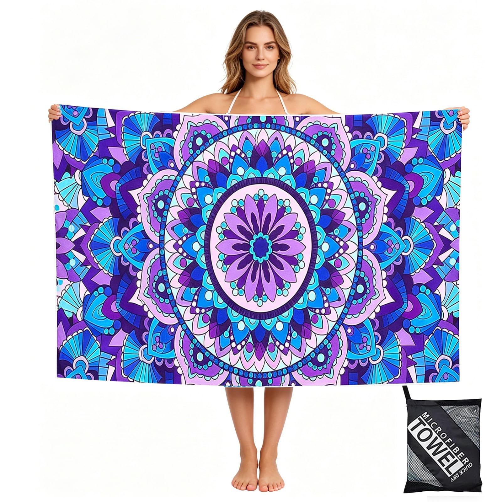 yayafunfun 160x90cm Purple Beach Towels in a Bag, Large Vintage Microfibre Beach Towel for Adults, Compact Light Bath Towel Swimming Towels for Women Girls Travel Bathroom Dock and Bay