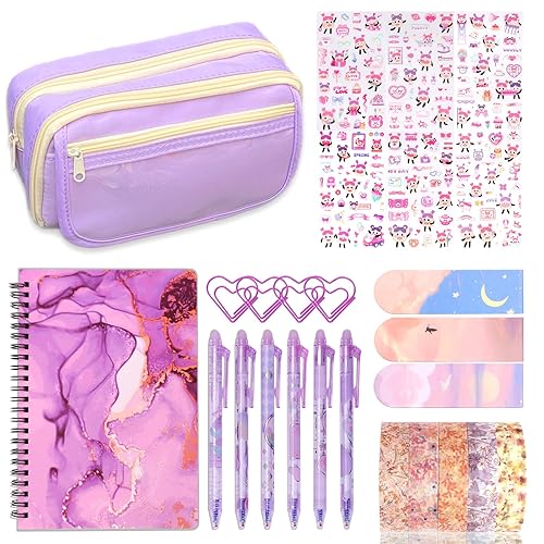 Kids School Supplies for Girls, 7PCS Cute Stationery Set with Pencil Case Gel Pens Stickers Spiral Notebooks Sticky Notes Kawaii Birthday Christmas Gifts for Elementary Large Capacity Pen Holder