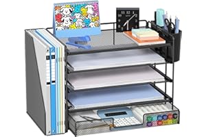 Gugsey Desk Organizer with File Holder, Organisateur et Accessoire de Bureau, 5-tier Paper Letter Tray with Drawer and Pen Ho