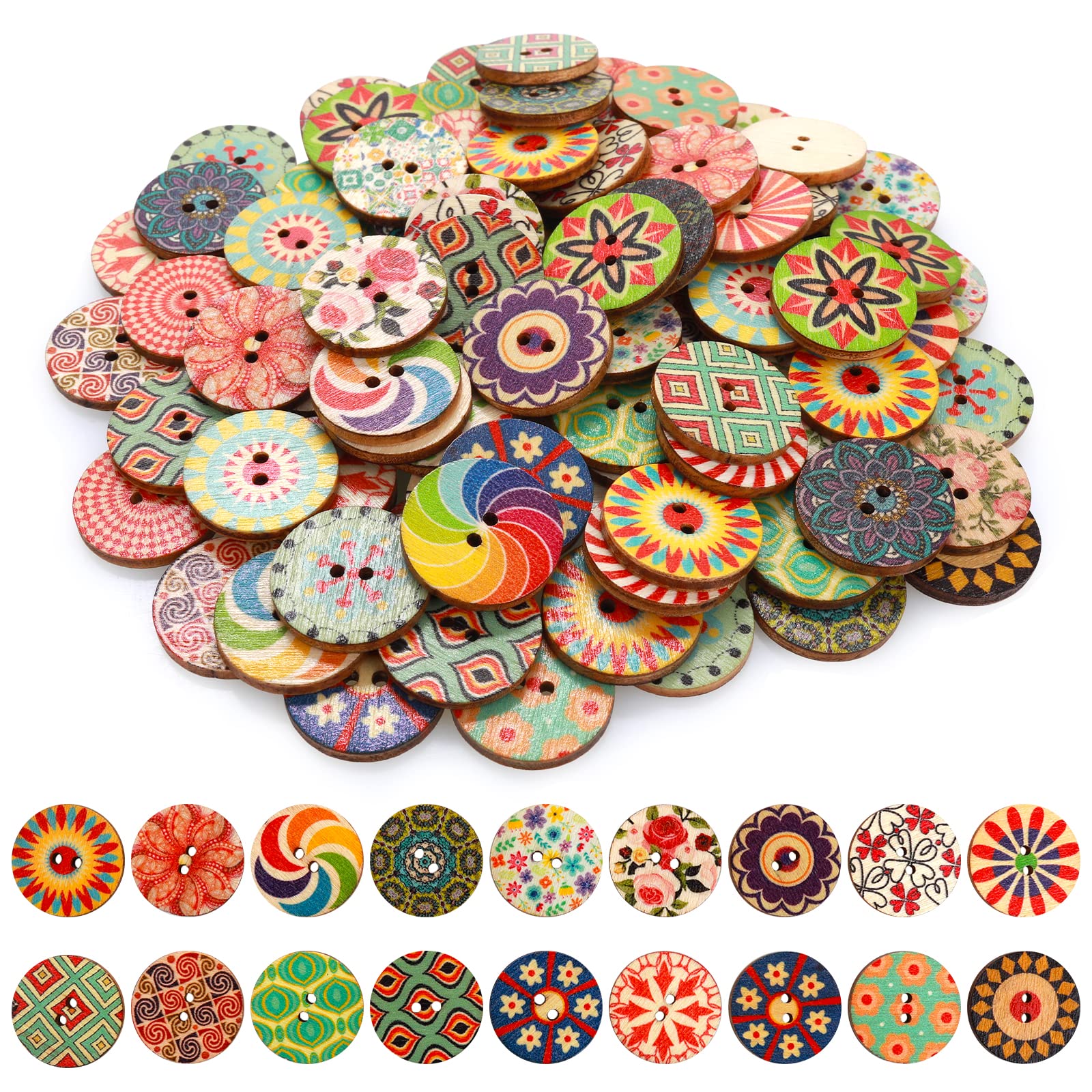 Abeillo 100PCS Wooden Buttons for Crafting, Assorted Vintage Round Knitting Buttons Mixed Wooden Flower Buttons for Sewing DIY Crafts Decorative (20 mm)