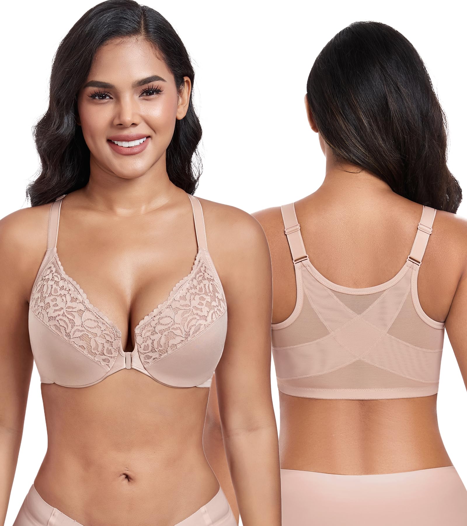 Photo 1 of ***RUNS VERY SMALL*** DotVol Women's Plus Size Front Closure Non Padded Underwire Posture Back Everyday Bra(Beige, 34DD)