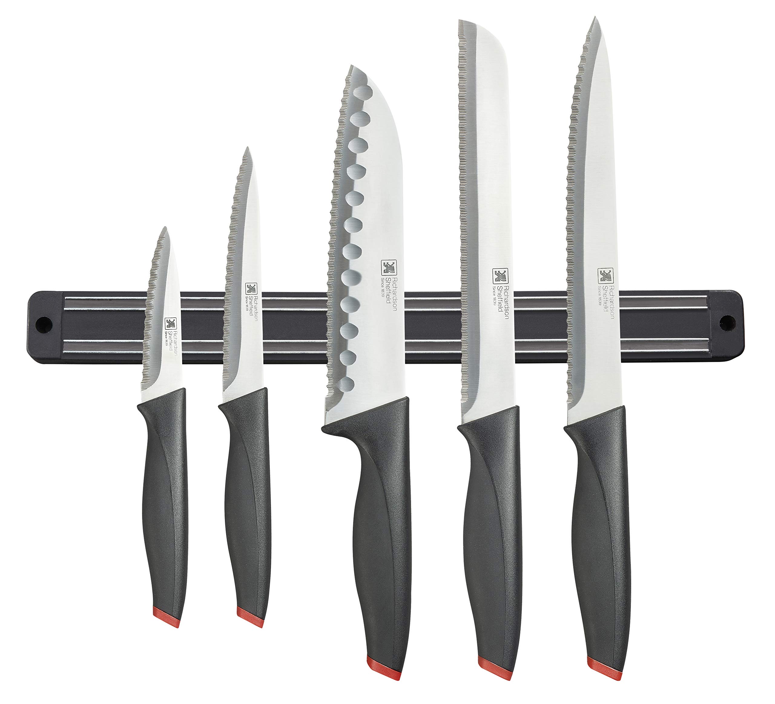Richardson Sheffield Laser 5-Piece Knife Set with Magnetic Rack – Stainless Steel Kitchen Knives, Black Soft-Grip Handles – Paring, Multipurpose, Santoku, Carving & Bread Knives