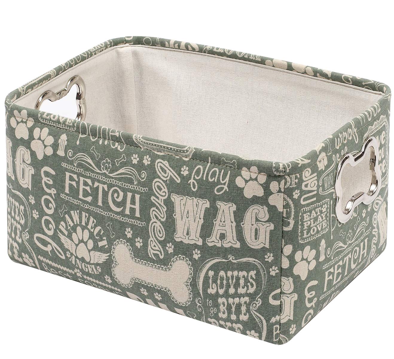 Geyecete Dog Toys Storage Bins Canvas printing pet Baskets,with Designed Metal Bone-shaped Handle,Pet Toy and Accessory Storage Bin-Green