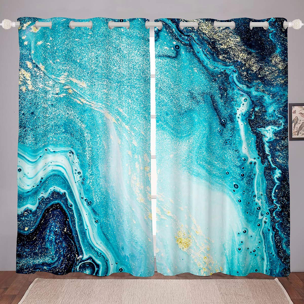 Loussiesd Marble Blackout Curtain for Bedroom Green Marble Print Room Darkening Curtain for Kids Men Adults Abstract Art Thermal Curtain Luxury Modern Marble Design Blackout Drapes,W46*L54