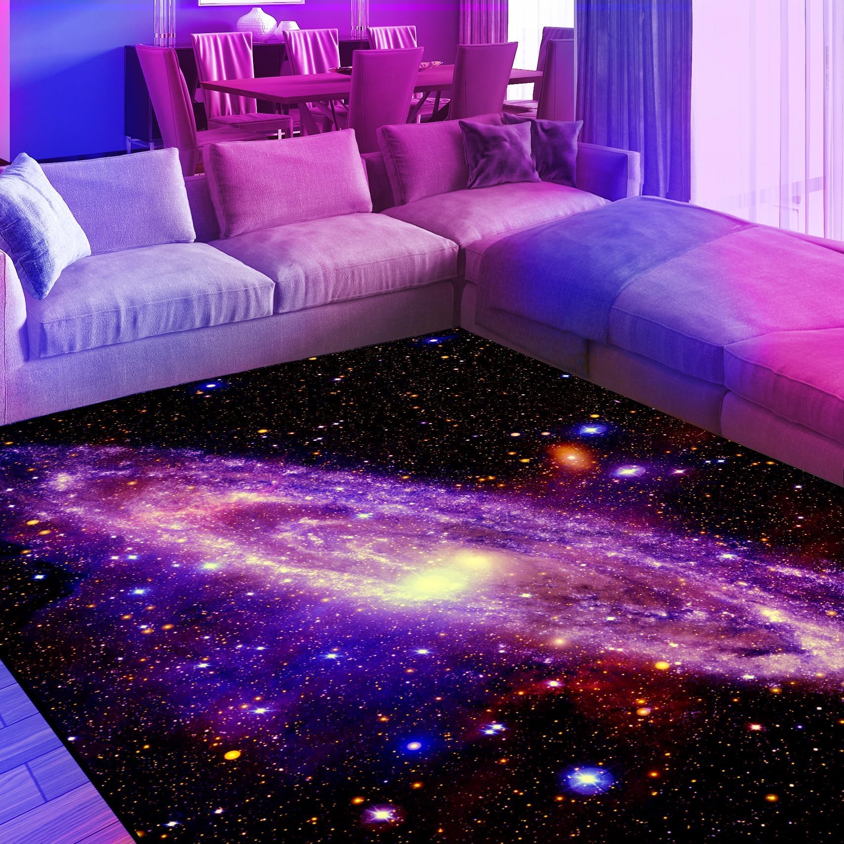 Photo 1 of EISKBC Blacklight Galaxy Area Rug, Neon UV Reactive Space Glitter Starry Throw Rug, Fluorescent Universe Night Sky Nebula Floor Mat Carpet, Glow in The Dark Room Decor for Women Kids 70x47inch