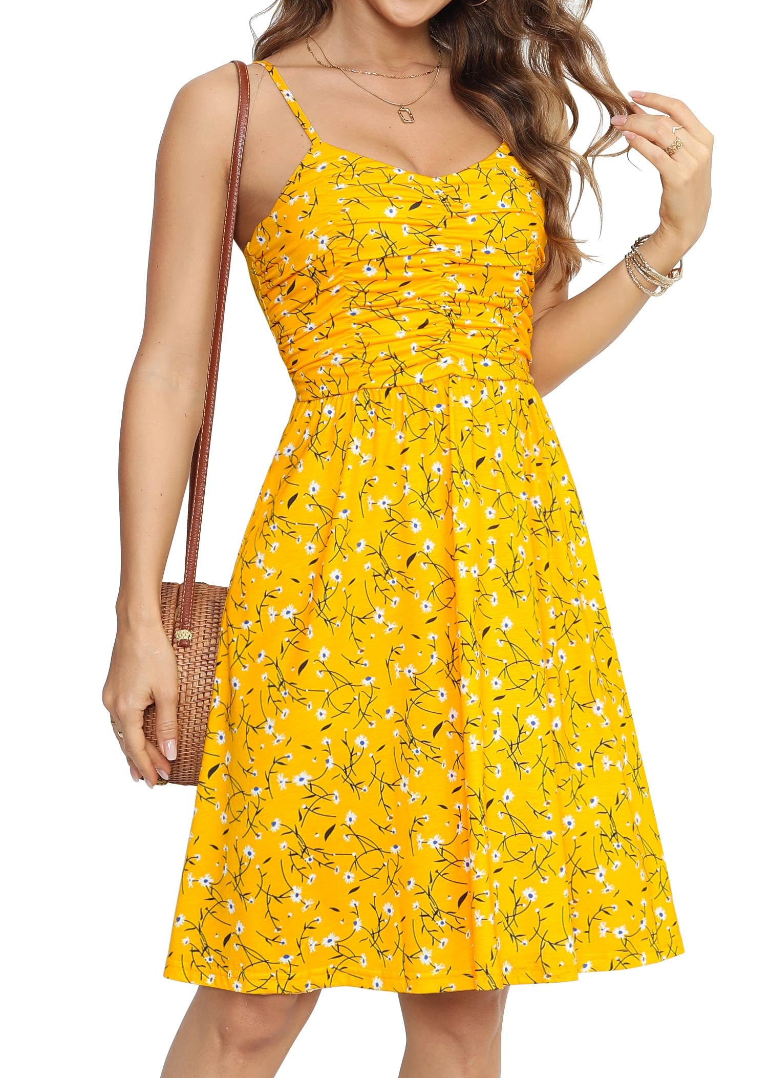 Photo 1 of Duppoly Spaghetti Strap Dresses for Women Casual Sundress for Women Beach A Line Summer Dress for Women Midi Ruched Swing Pleated Sexy Sleeveless Sundresses Floral Yellow F64 XL