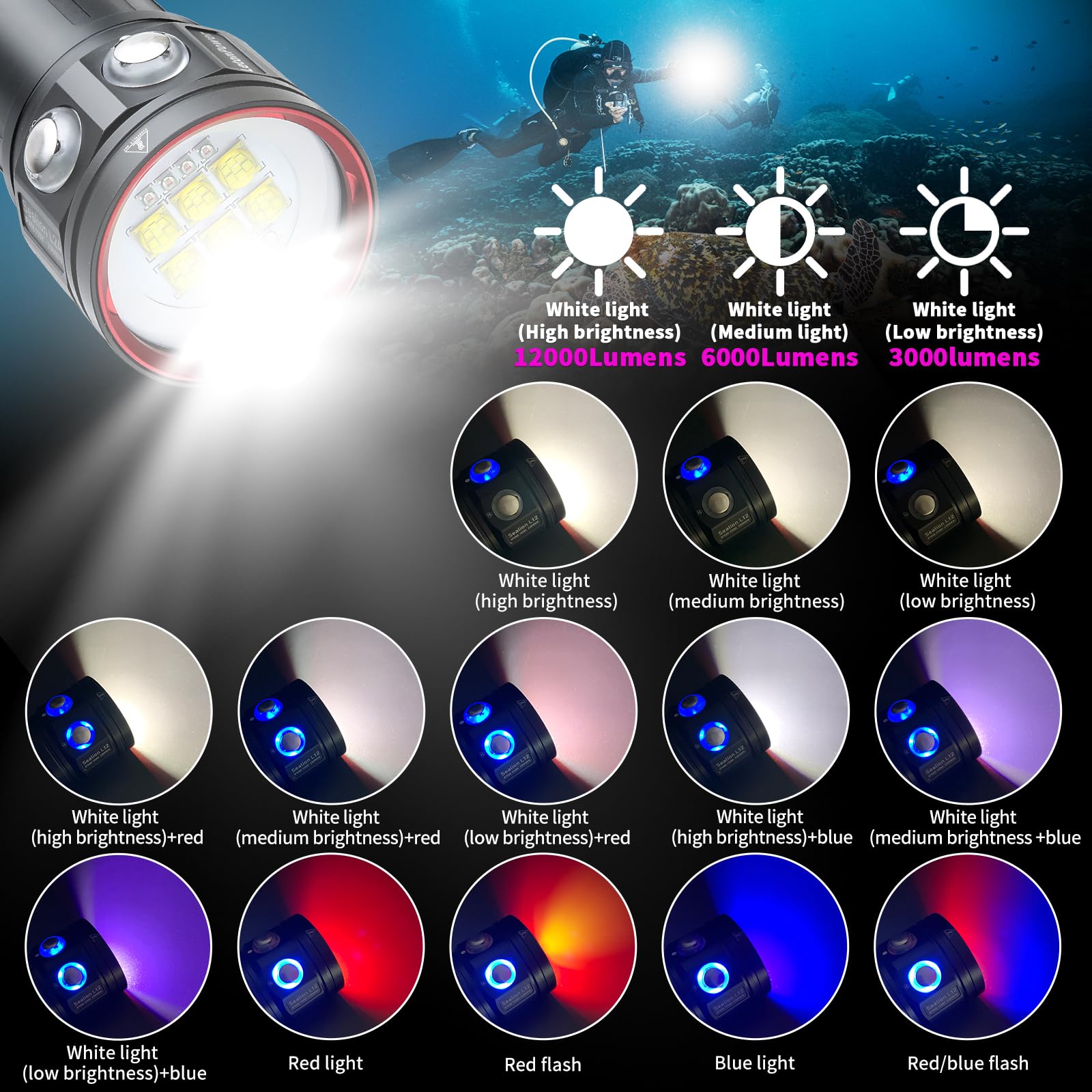 LetonPower Diving Flashlight, L24 12000Lumens Dive Light,100m Underwater Video Light, Scuba Dive Lights, Underwater flashlights with Type-C Charging for Professional Under Water Sports