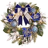 Pre-Lit Christmas Wreath for Front Door with Timer 20 Lights,Lighted Christmas Wreath Silver Blue Xmas Ball for Fireplace Window Outdoor Table Centerpiece Holiday Decoration,Magnolia Winter wreath-20