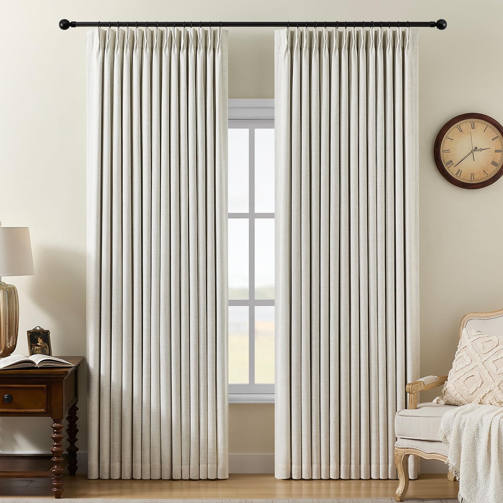 Photo 1 of Pinch Pleated Curtains 100% Blackout Linen Curtains 84 Inches Long for Bedroom Living Room, Natural Memory Trained Thermal Insulated Room Darkening Window Pleat Drapes with Hooks, 2 Panels, 40"Wx84"L