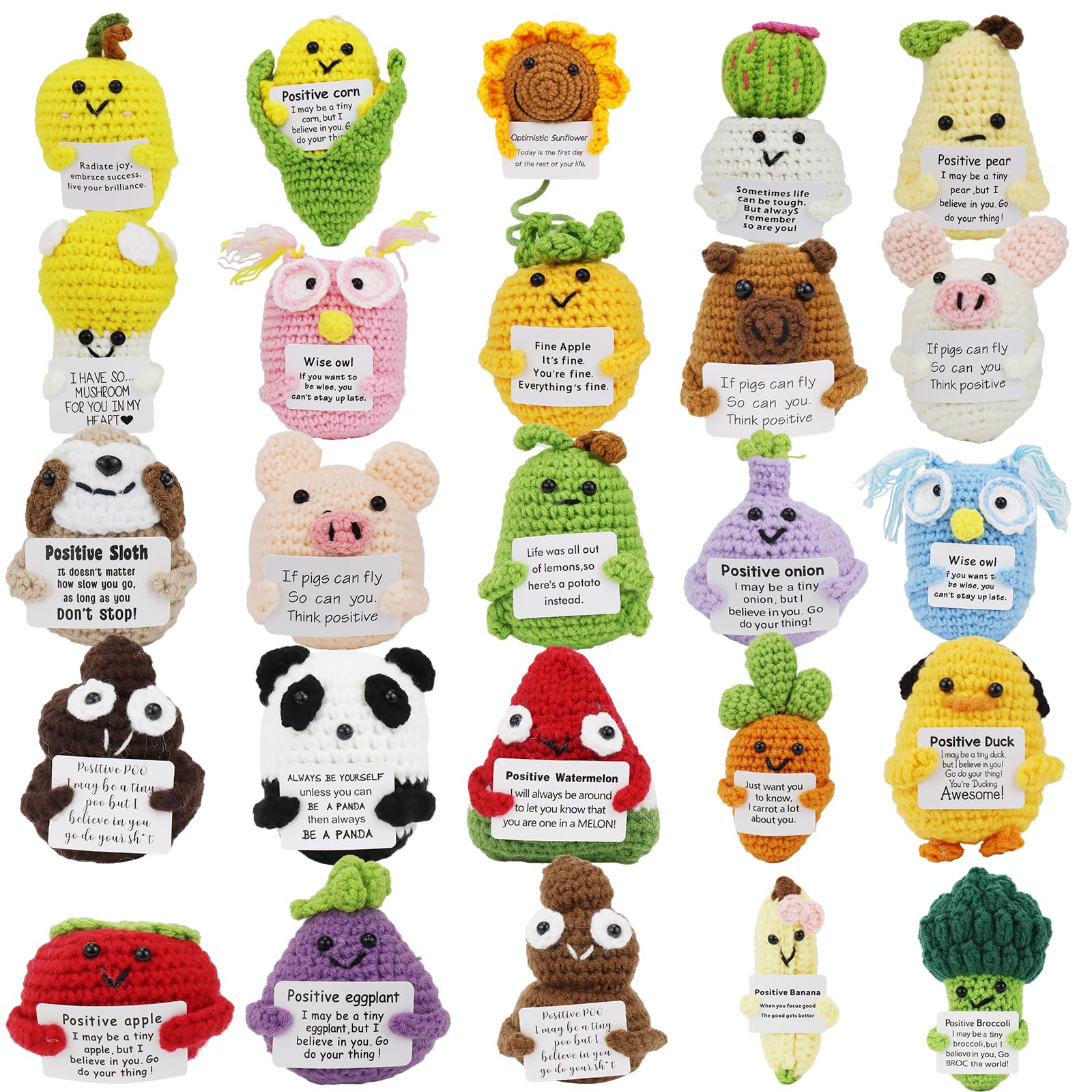 Malloom 25 Pcs Mini Funny Positive Crochet Animals Bulk Emotional Support Plushies Handmade Emotional Support Crochet Animals Inspirational Gifts for Women Men Employee Appreciation Gifts Bulk