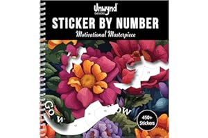 Unwynd - Sticker by Number - Motivational Masterpiece : A lay-flat sticker book with side-by-side sticker pages & scenes for hassle-free unwinding experience. 12 pictures to sticker and 12 to colour