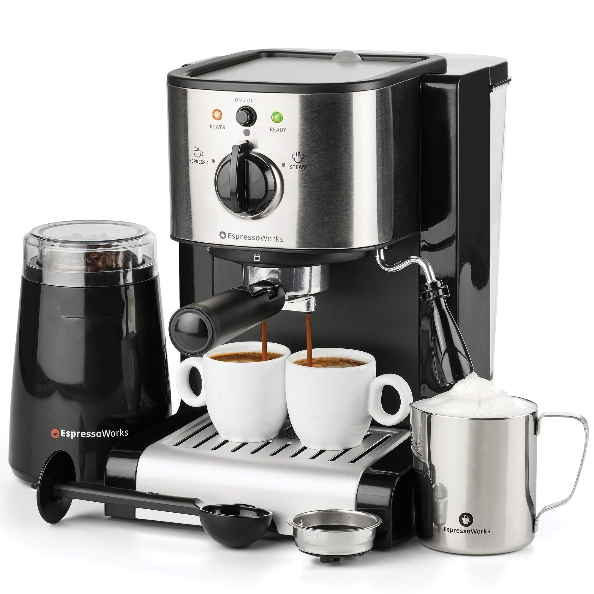 EspressoWorks 7 Pc All-in-One Espresso & Cappuccino Maker Machine Barista Bundle Set w/Built-in Steam Wand (Inc: Coffee Bean Grinder, Portafilter, Frothing Cup, Spoon w/Tamper & 2 Cups) (Black)
