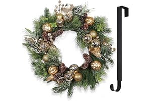YUGALI 24” Christmas Wreath for Front Door with Lights Hanger Golden Ball Artificial Frosted Evergreen Pine Cones Gilded Forest Foliage Winter Outdoor Décor Indoor Wall Decorations