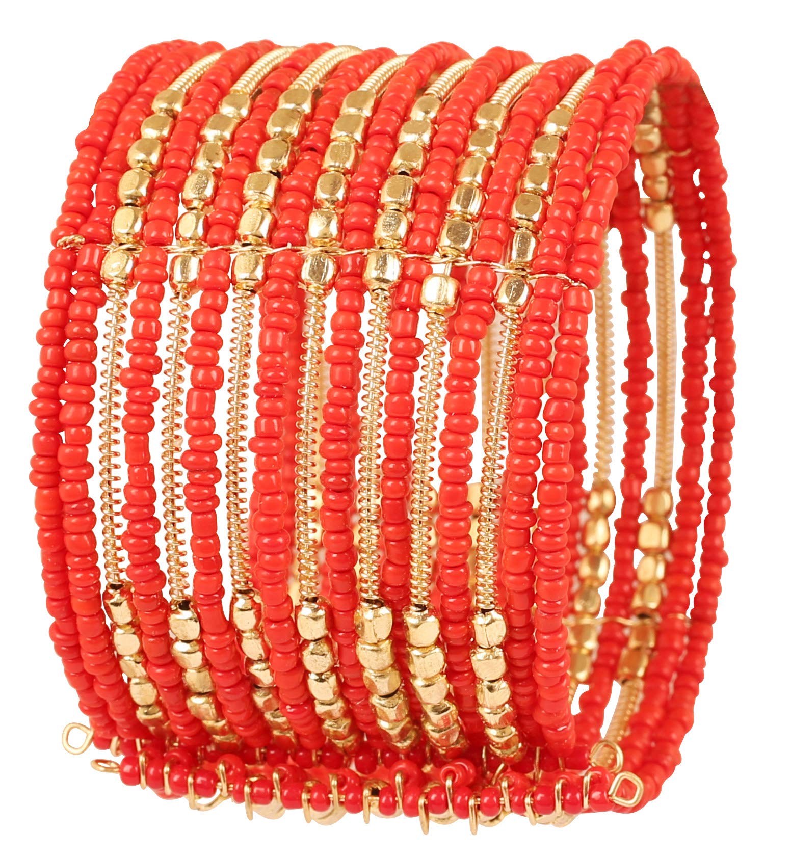 Touchstone NEW indian Bollywood Beautiful Beaten Metal Orange Color Glass Beads Wire Layers Beads Wrist Enhancer Openable Cuff Bracelet In Gold Tone For Women.