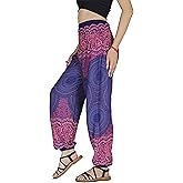 Boho Aladdin Harem Pants for Women – Lightweight Cotton Rayon Smocked Waist Genie Yoga Trousers for Lounge Travel Festival
