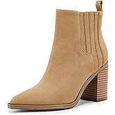 Womens Ankle Boots Slip on Pointed Toe Chunky Block Mid Heel Leather Elastic Panel Casual Chelsea Western Booties