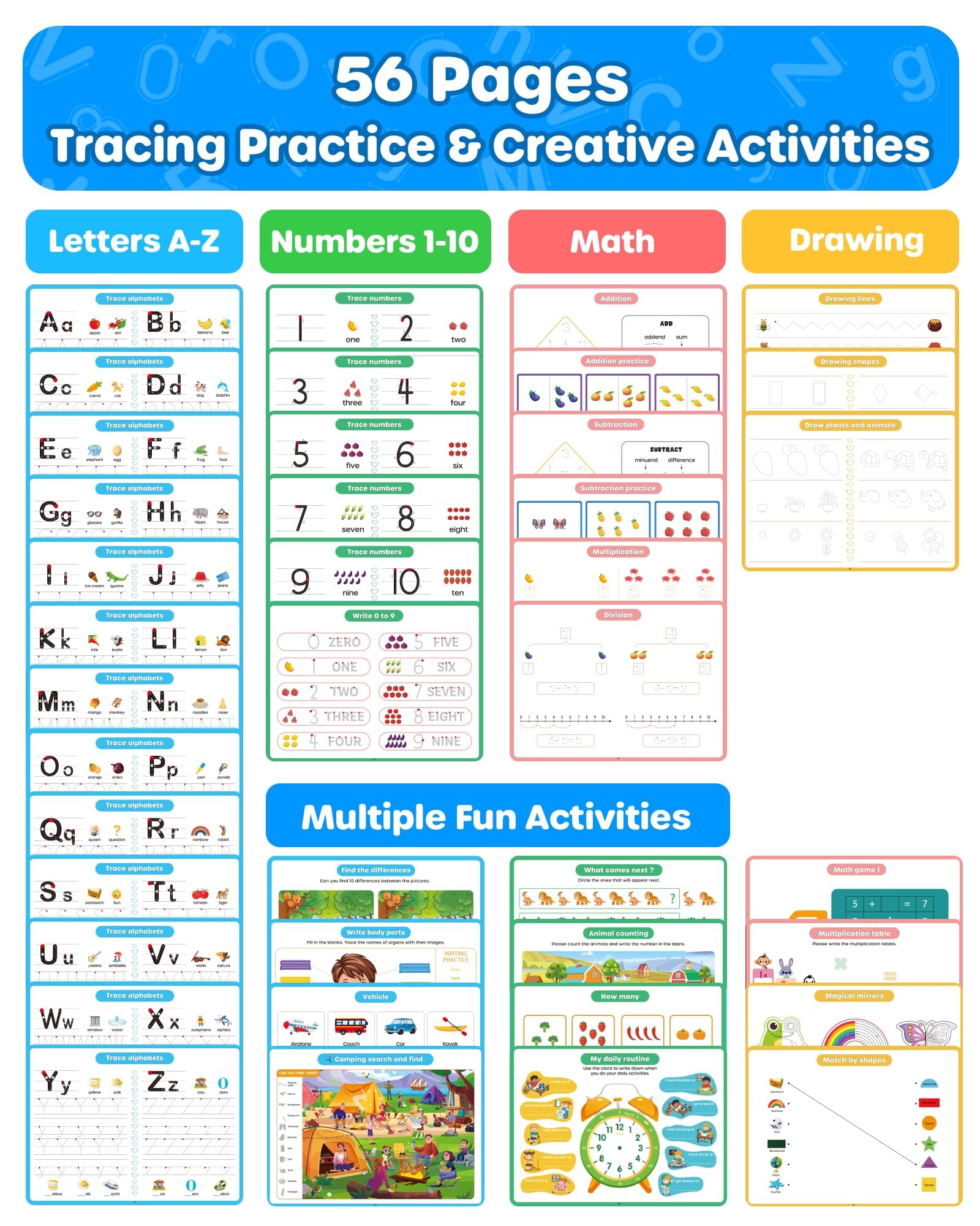 D-FantiX 4 in 1 Large Magic Grooved Writing Practice for Kids Age 3-5, Reusable Grooved Handwriting Practice for Kids 5-7, Learn to Write Number Letter Tracing Books for Kids Kindergarten Preschool