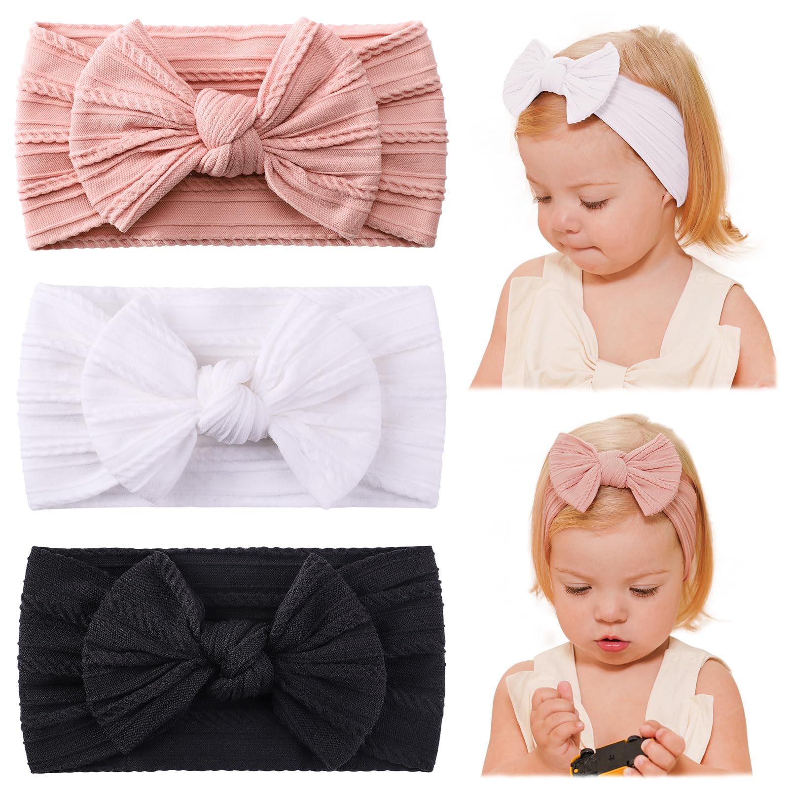 jollybows 3PCS Baby Girl Headband Bows Nylon Head Wraps Newborn Hairbands Infant Toddler Hair Bow - Black White Pink