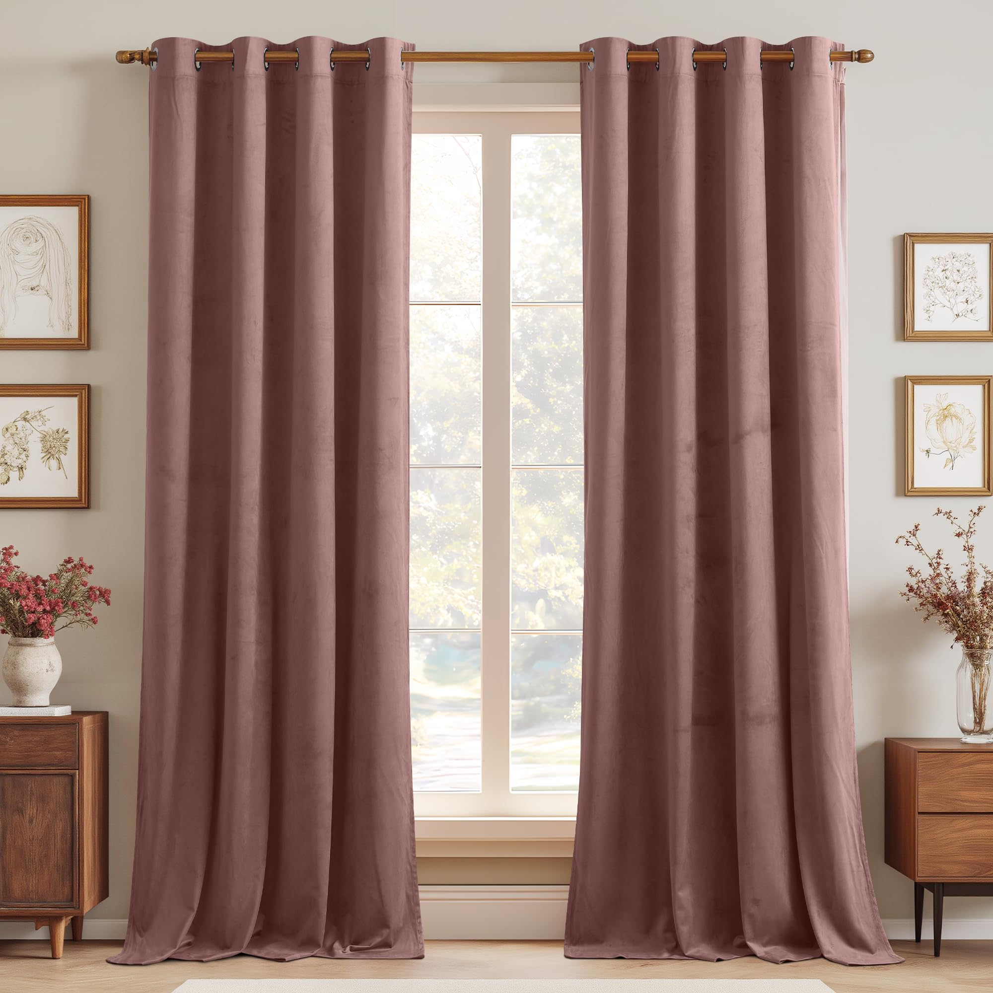 Photo 1 of StangH Velvet Curtains 96 inches Long - Room Darkening Window Drapes for Living Room, Elegant Wild Rose Grommet Thermal Insulated Curtains for Nursery Kids/Office, W52 x L96, 2 Panels