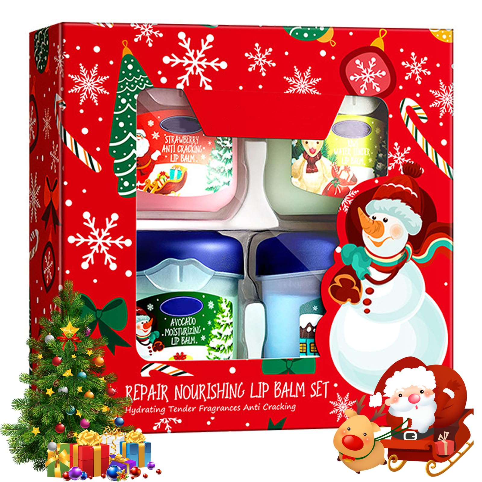 Christmas Lip Balm Set, 4 Packs Lip Balm Multipack, 3 Flavours Avocado, Strawberry, Kiwi, Reduce Lip Lines&Wrinkle for Cracked, Dry and Chapped Lip