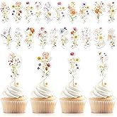 Trandraft 60 Pcs Wildflower Cupcake Toppers Wildflower Baby Shower Decorations Flower Birthday Party Cake Toppers Floral Party Supplies