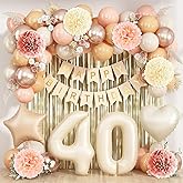 Beige 40th Birthday Decorations for Women Cream Number 40 Balloon Nude Gold Happy Birthday Banner Fringe Curtain Paper Pom Poms Blush White Sand Champagne Star Foil Balloons Neutral Boho Party Decor
