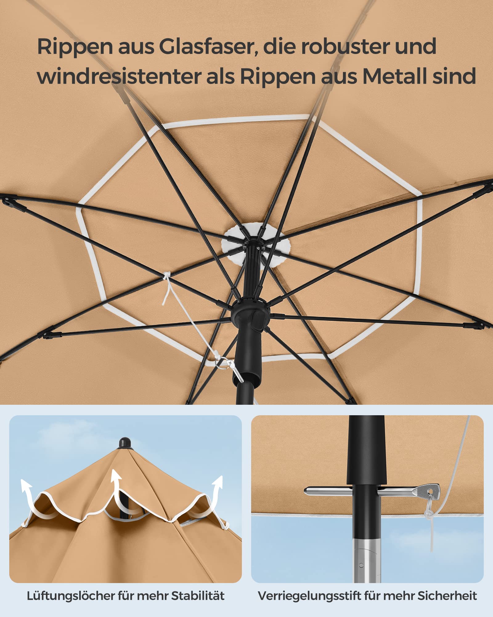 SONGMICS Sonnenschirm, 160 cm, Sonnenschutz UPF 50+, um 30° in 2 Richtungen neigbar, höhenverstellbar, mit Tragetasche, für Balkon, Garten, Terrasse, Strand, ohne Sockel, Taupe GPU60BR 6