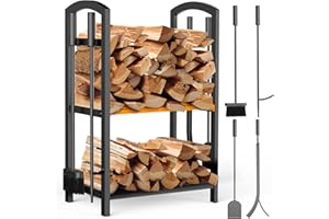 Meoligr Fireplace Tools Set, Double-Layer Firewood Rack Indoor, Heavy-Duty Wrought Iron Firewood Holder with Extra-Large Storage, Complete 4-Piece Fireplace Accessories (Tongs, Poker, Brush, Shovel)