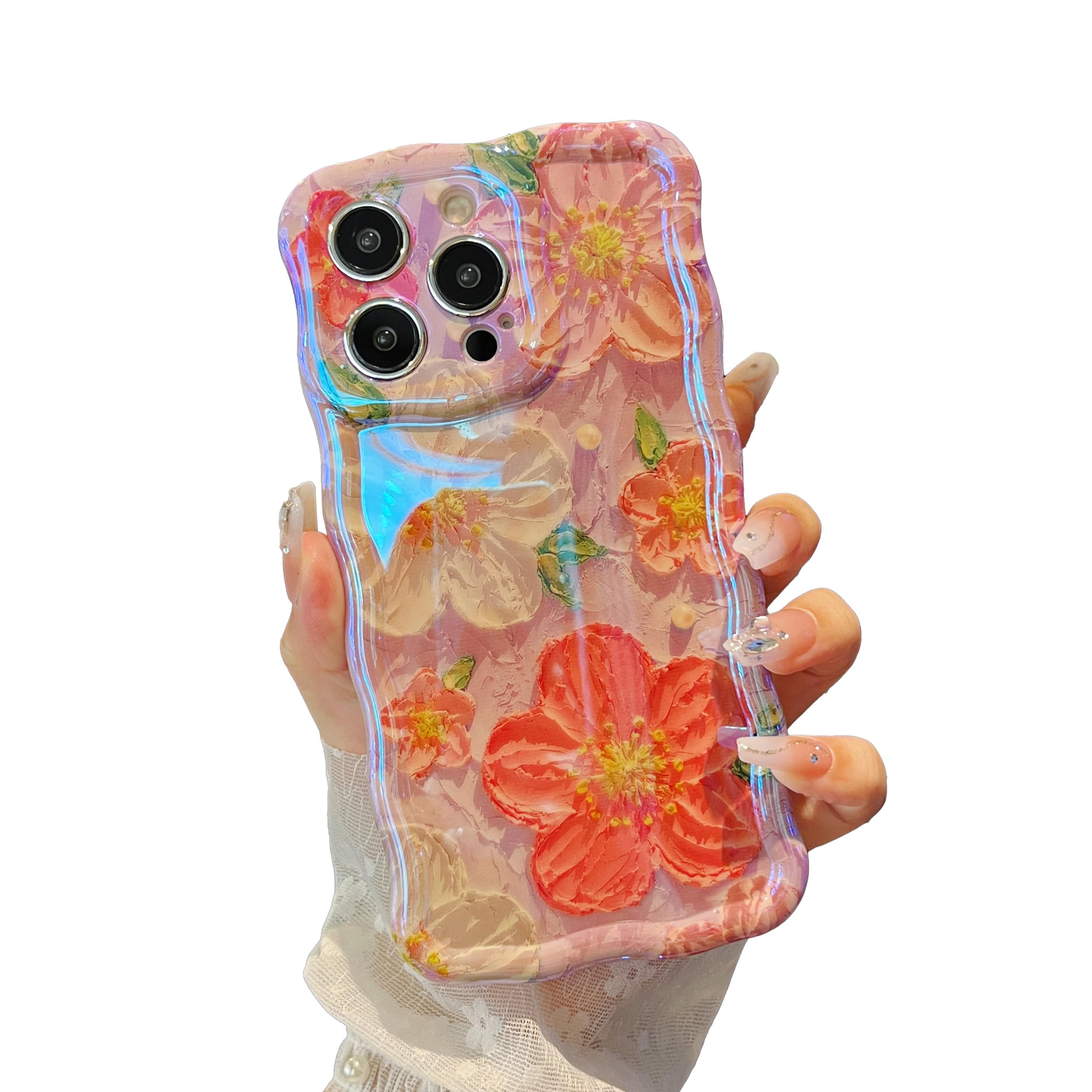 XIZYO Colorful Retro Oil Painting Flower Case for iPhone 13 Pro, Curly Wave Frame Laser Glossy Cute Floral Aesthetic Phone Case, Girls Women Slim Soft TPU Shockproof Cover, Red Flower/Purple