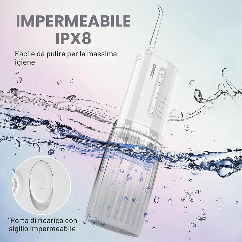 Idropulsore da viaggio, irrigatore orale tascabile senza fili, 5 modalità di pressione, 6 ugelli, design compatto ricaricabile tramite USB, irrigatore orale portatile per denti (Cloud)
