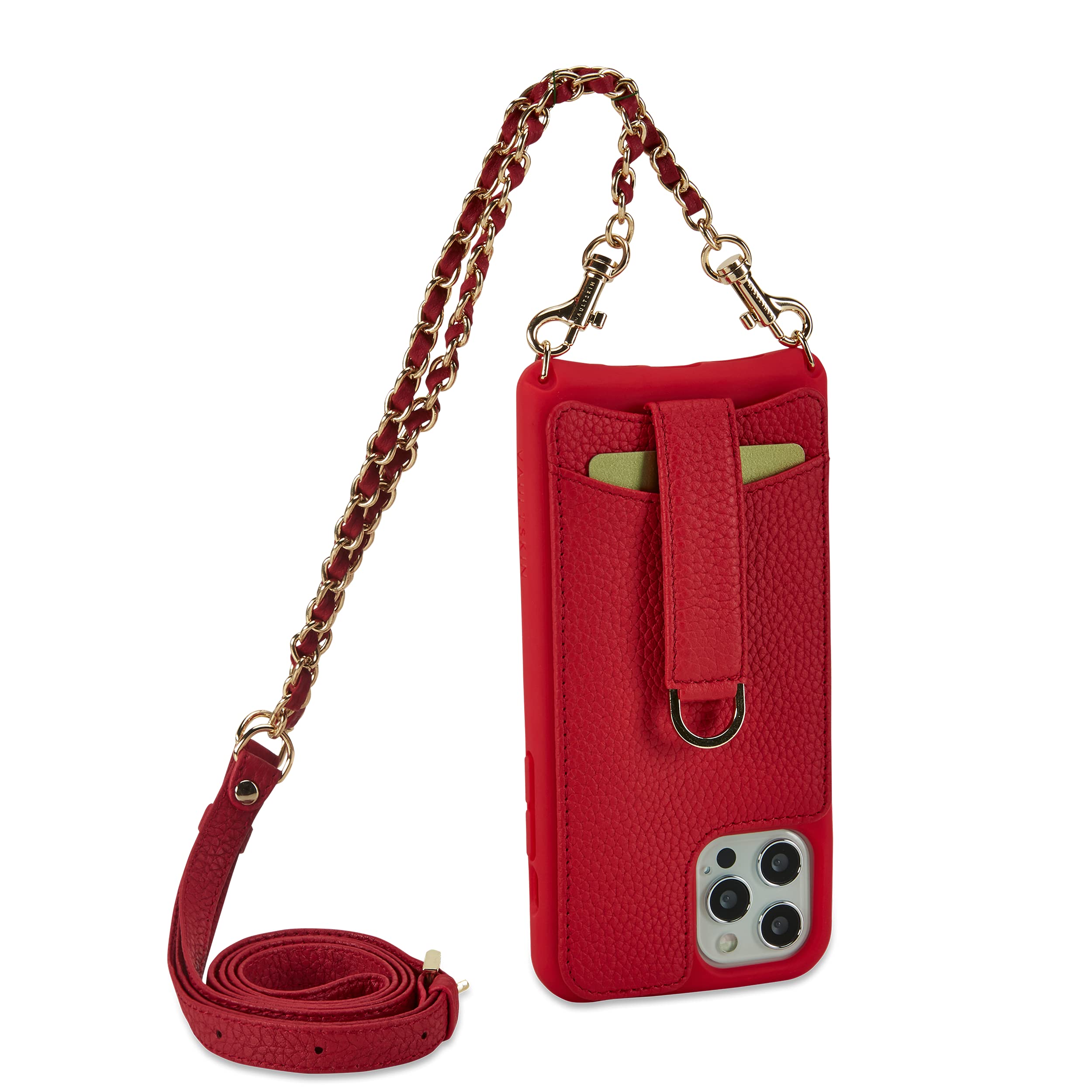 Vaultskin VICTORIA Crossbody Wallet Case, Lanyard with Card Holder (Red - Chain & Leather Strap, for iPhone 13)
