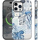 Compatible for iPhone 16 Pro Case with Magsafe Beach Ocean Summer Blue Collage Cute Aethetic Seashells Vintage Rugge 2-in-1 Layer Shockproof Anti-Scratch Phone Case for iPhone 16 Pro Women Men