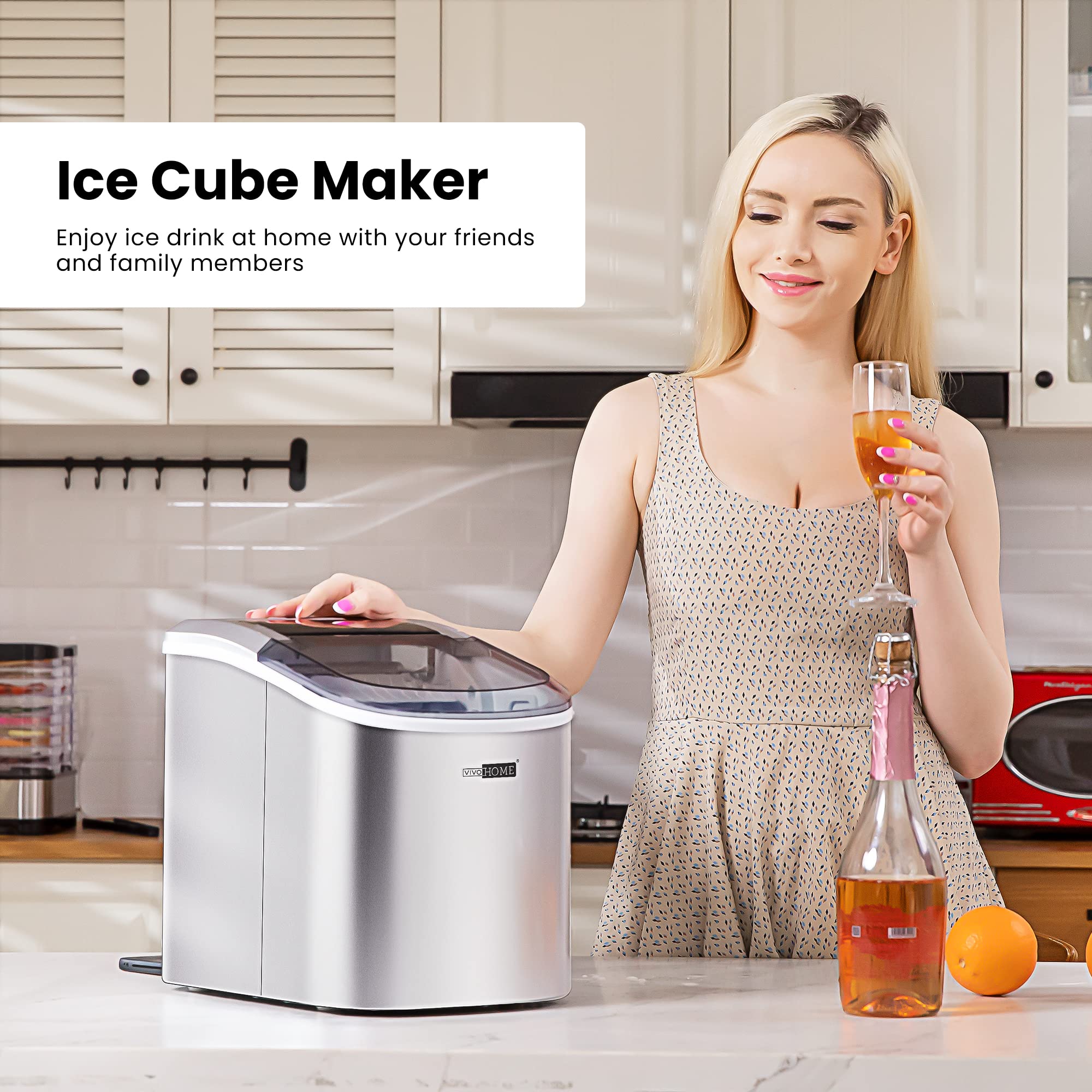 VIVOHOME Electric Portable Compact Countertop Automatic Ice Cube Maker Machine with Hand Scoop 10 Ice Bags and Self Cleaning Function 27lbs/Day Silver