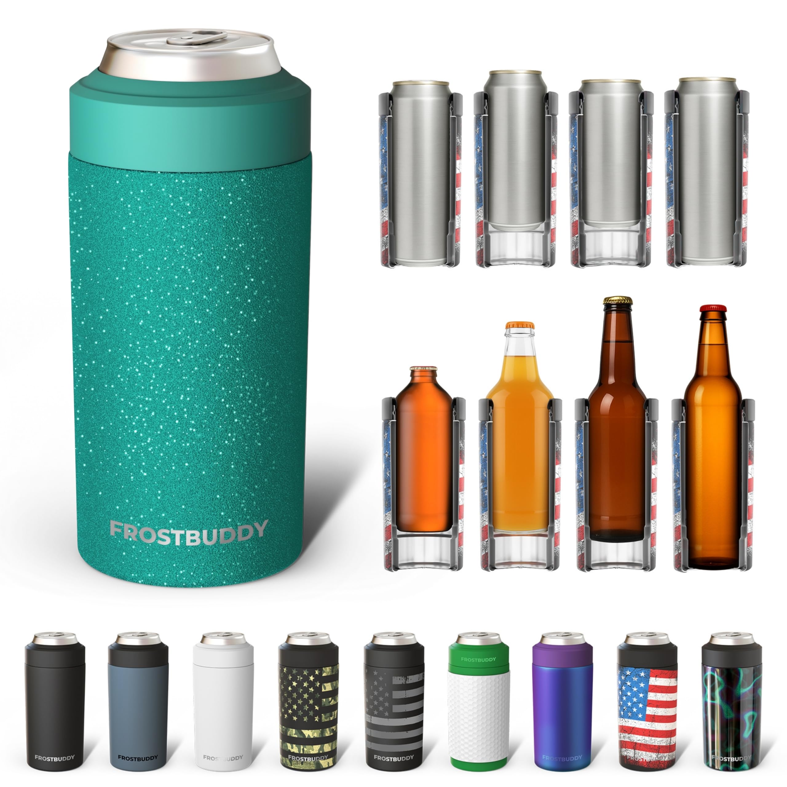 Frost Buddy Universal Can Cooler - Fits all - Stainless Steel Can Cooler for 12 oz & 16 oz Regular or Slim Cans & Bottles - Stainless Steel (Teal Glitz) Image