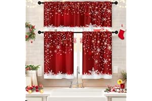 Tayney Christmas Kitchen Window Curtains and Valances Set 36 Inch Snowflakes Red Snow Short Tier Curtains, Winter Xmas Small Kitchen Decor