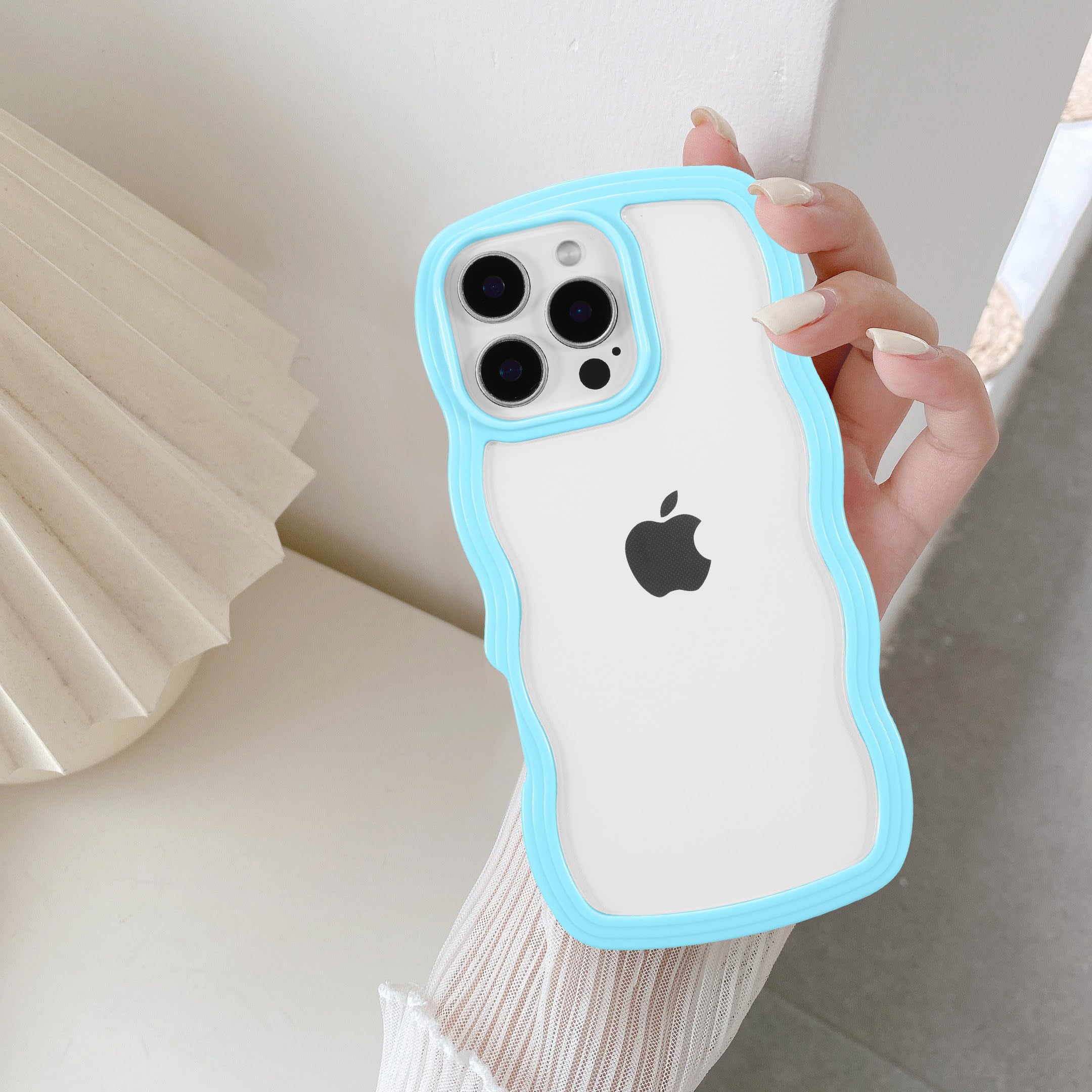 QLTYPRI Case for iPhone 16 Pro Max, Cute Curly Wave Frame Clear Case for Girls Women, Transparent Soft TPU Bumper Shockproof Phone Cover for iPhone 16 Pro Max - Sierra Blue
