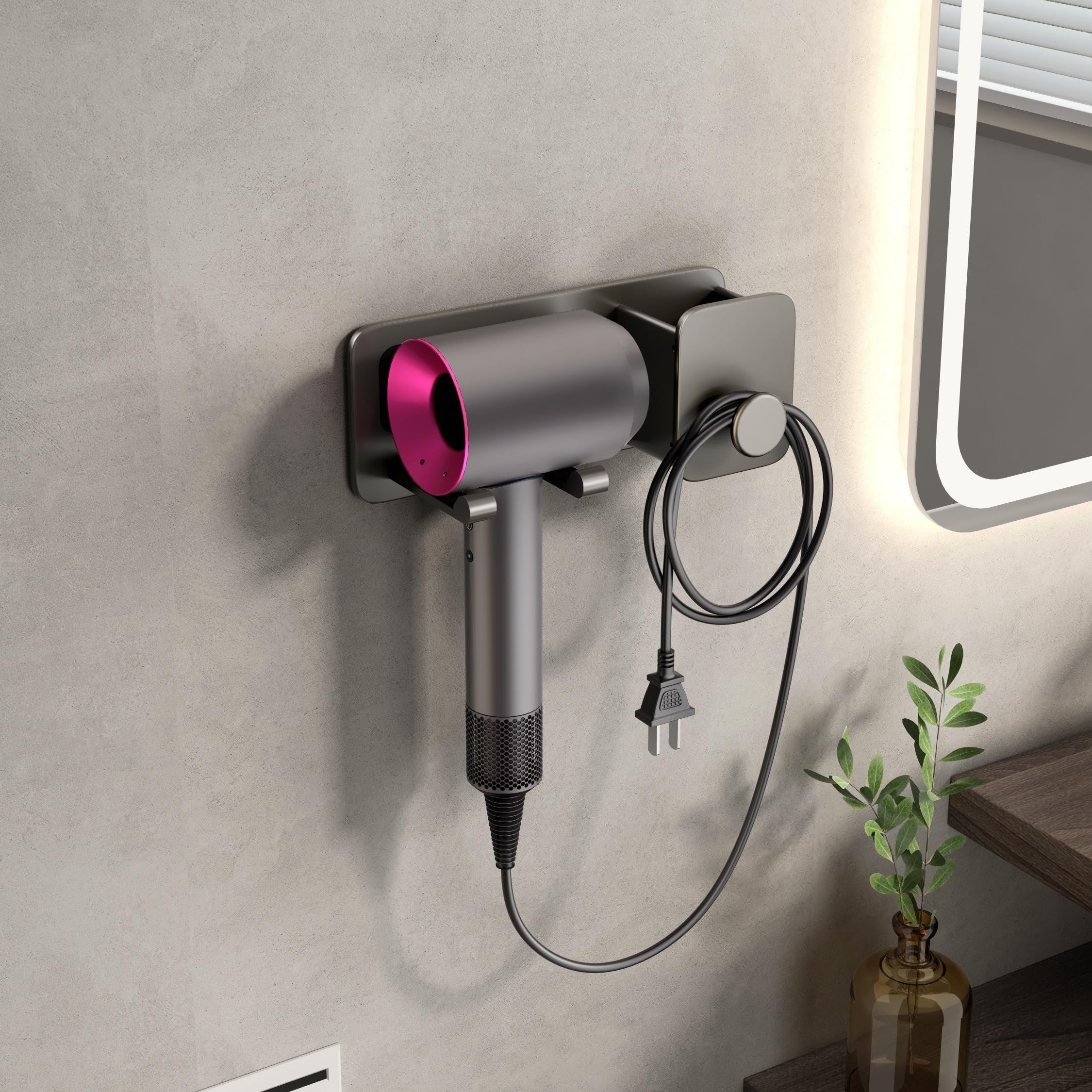 Photo 1 of Voldra Hair Dryer Holder Wall Mounted, Self-Adhesive Blow Dryer Organizer Hair Brush Holder Wall Mount with Plug&Cord Organizer for Bathroom 1 Pack(Gray)