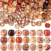HINZIC 100PCS Wooden Beads for Hair, 11x12 mm Large Hole Macrame Bead, Multi Pattern Hair Bead, Round Loose Spacer Beads for Making Handmade Craft Bracelet Necklace -Mixed Colors