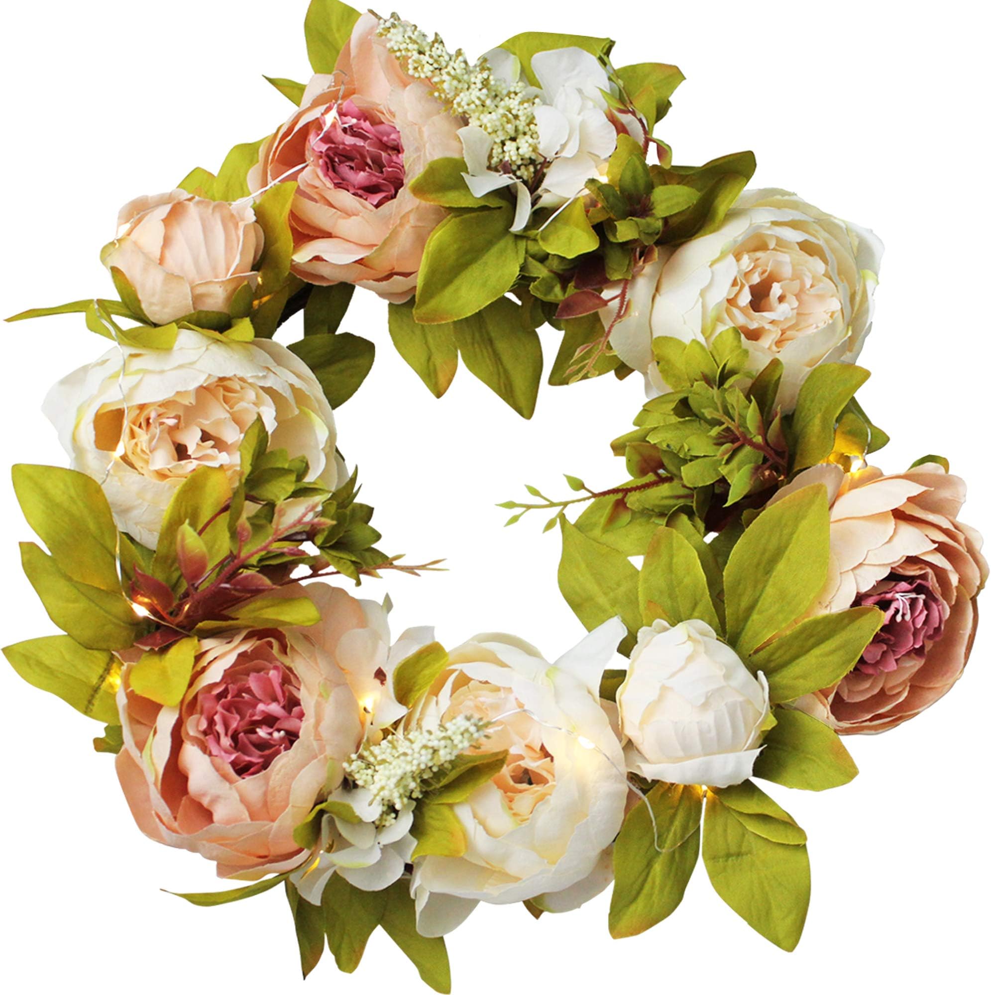 Spring Wreaths for Front Door Peony Flower Artificial Floral Wreath with Green Leaves, 15'' Spring Summer Garland Wreath for Wall Wedding Party Home Décor Champagne Peony