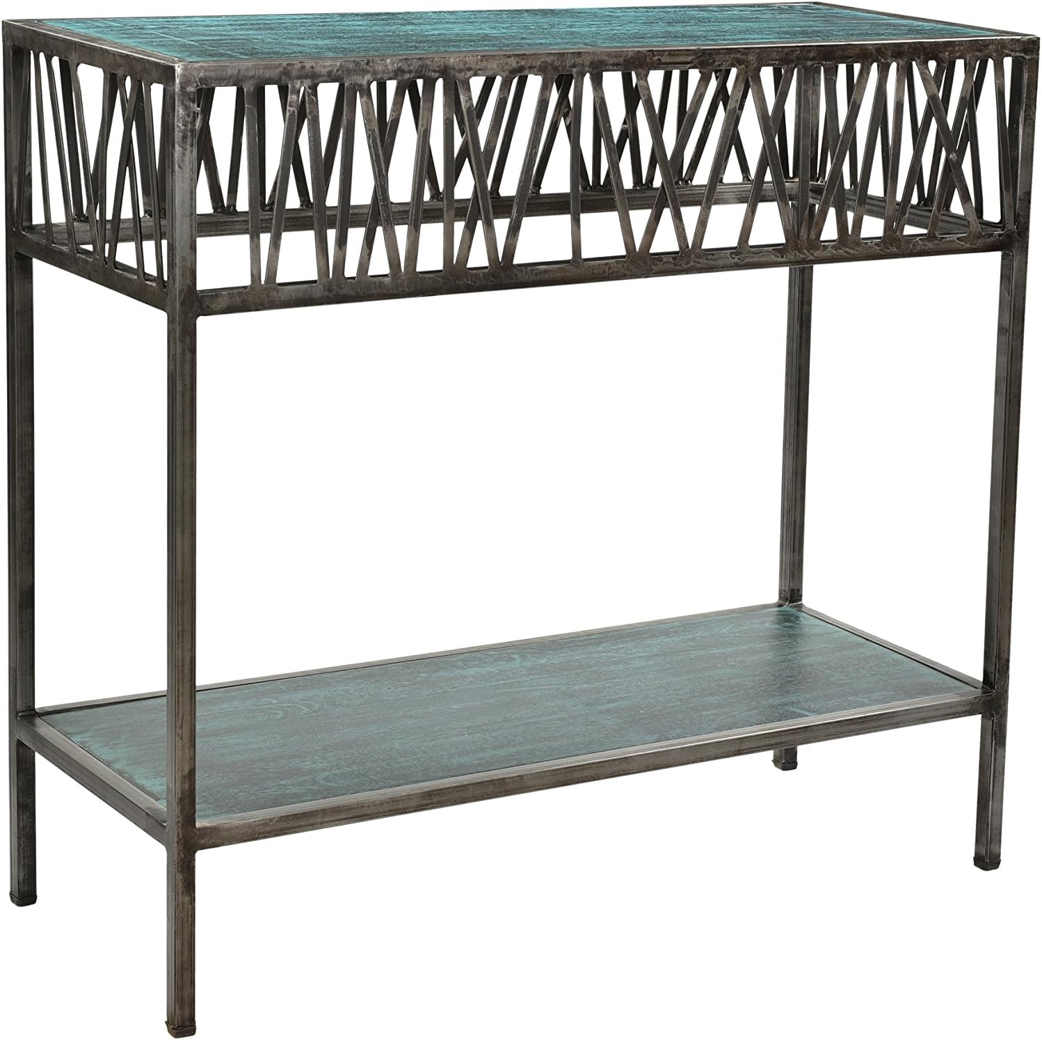 Designe Gallerie Garrard Rustic Iron Console Table with Wooden Top, Hallway or Entryway, Bottom Shelf for Storage, Natural Patina Finish, Silver