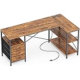 Huuger L Shaped Office Desk with Power Outlets, 55 Inch Computer Desk with 3 Drawers, Shelves, Reverisble for Gaming Corner Work Home Office Study, Rustic Brown