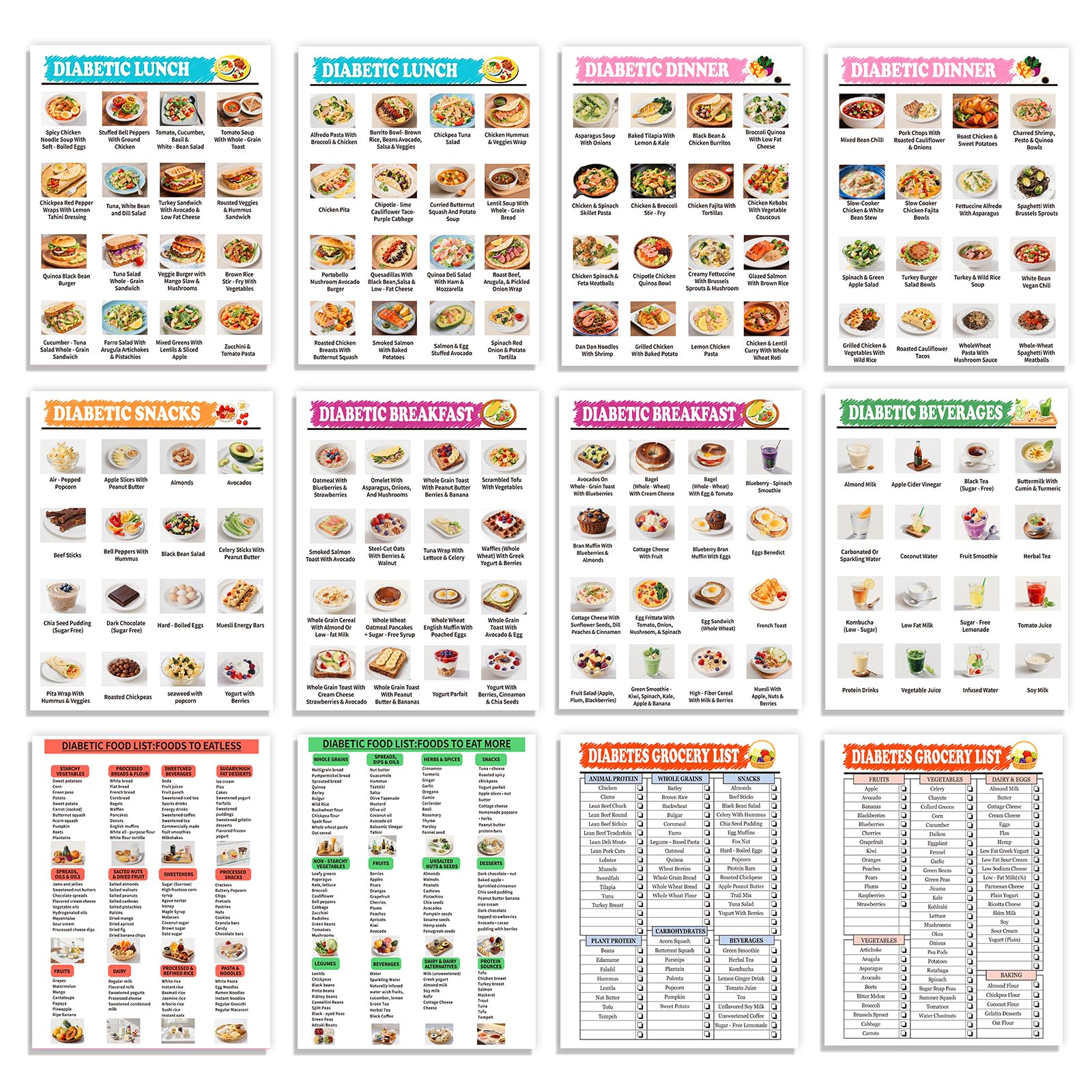 Photo 1 of 12 Pcs Diabetes Food List, Printable Diabetic Food Chart & Meal Planner for Blood Sugar Control, Low Carb Foods List