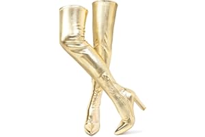 WSHELIU Women Thigh High Boots Chunky Heel Over The Knee Boots Patent Leather PU Stretchy Tall Boots Sexy Pointed Toe Fashion GOGO Boots Prom Party Knee High Boots